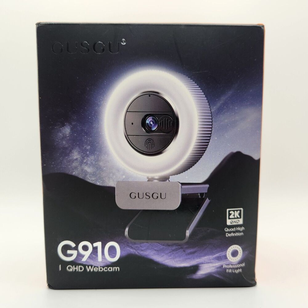 GUSGU G910 2K Quad HD Webcam, with Microphone & Ring Light & Privacy Cover
